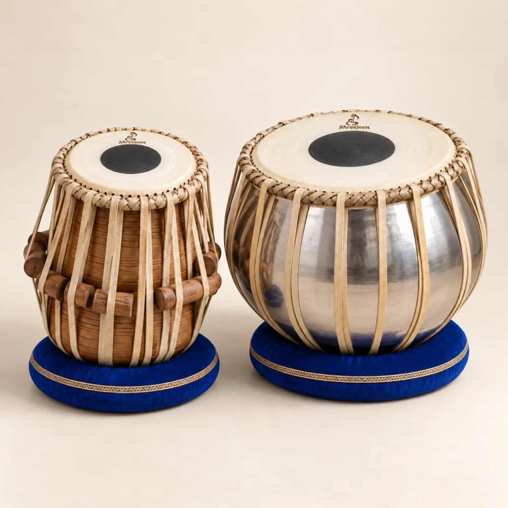 Student Practice Tabla Set with Shreejeen branding on drumhead skin — illustrative concept