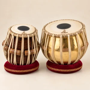 Traditional Brass Bayan Tabla Set with Shreejeen branding on drumhead skin — illustrative concept