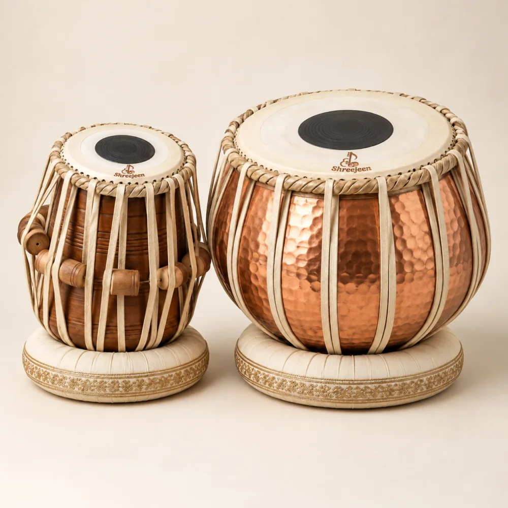 Copper Bayan Tabla Set with Shreejeen branding on drumhead skin — illustrative concept