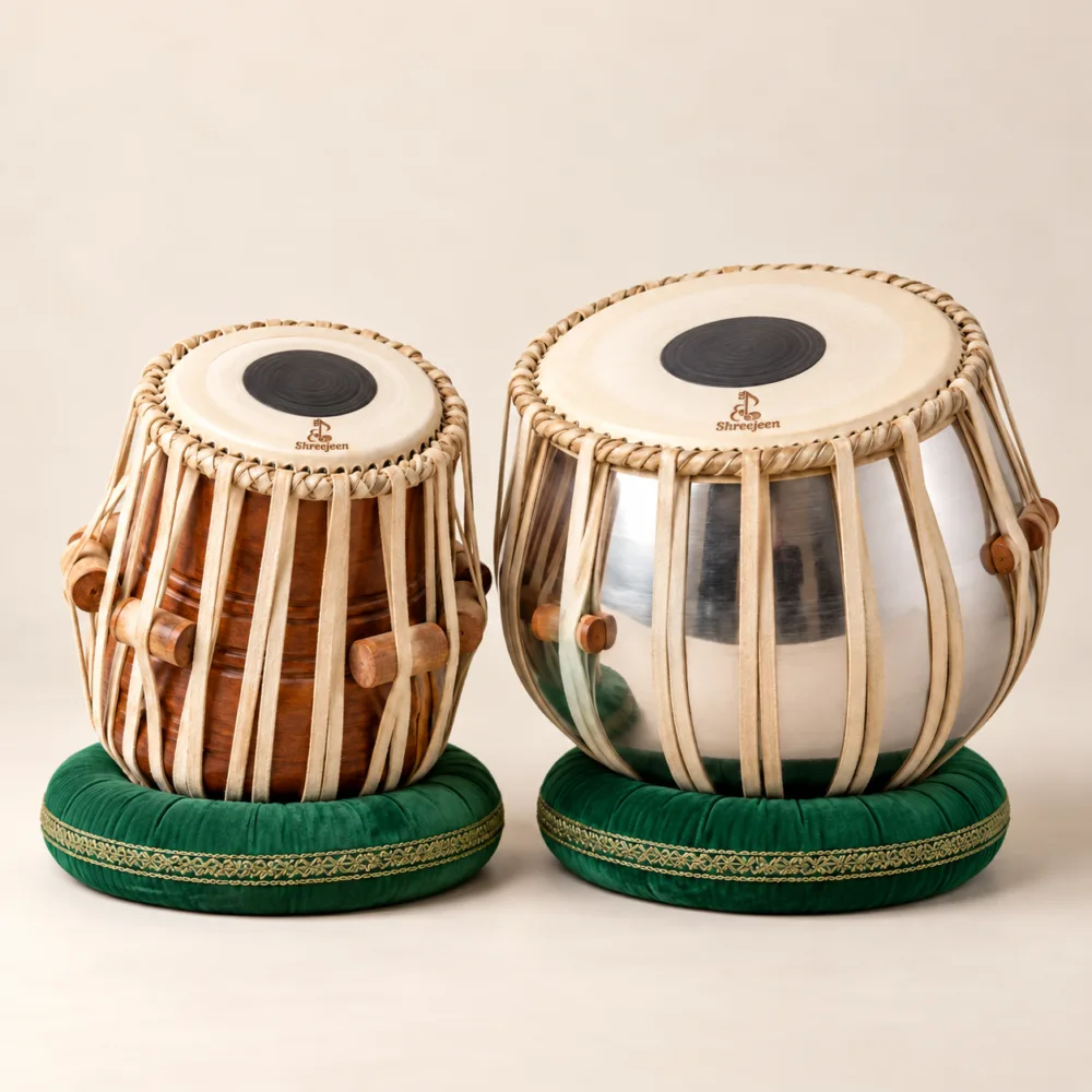 Wooden Dayan Learning Tabla Set with Shreejeen branding on drumhead skin — illustrative concept