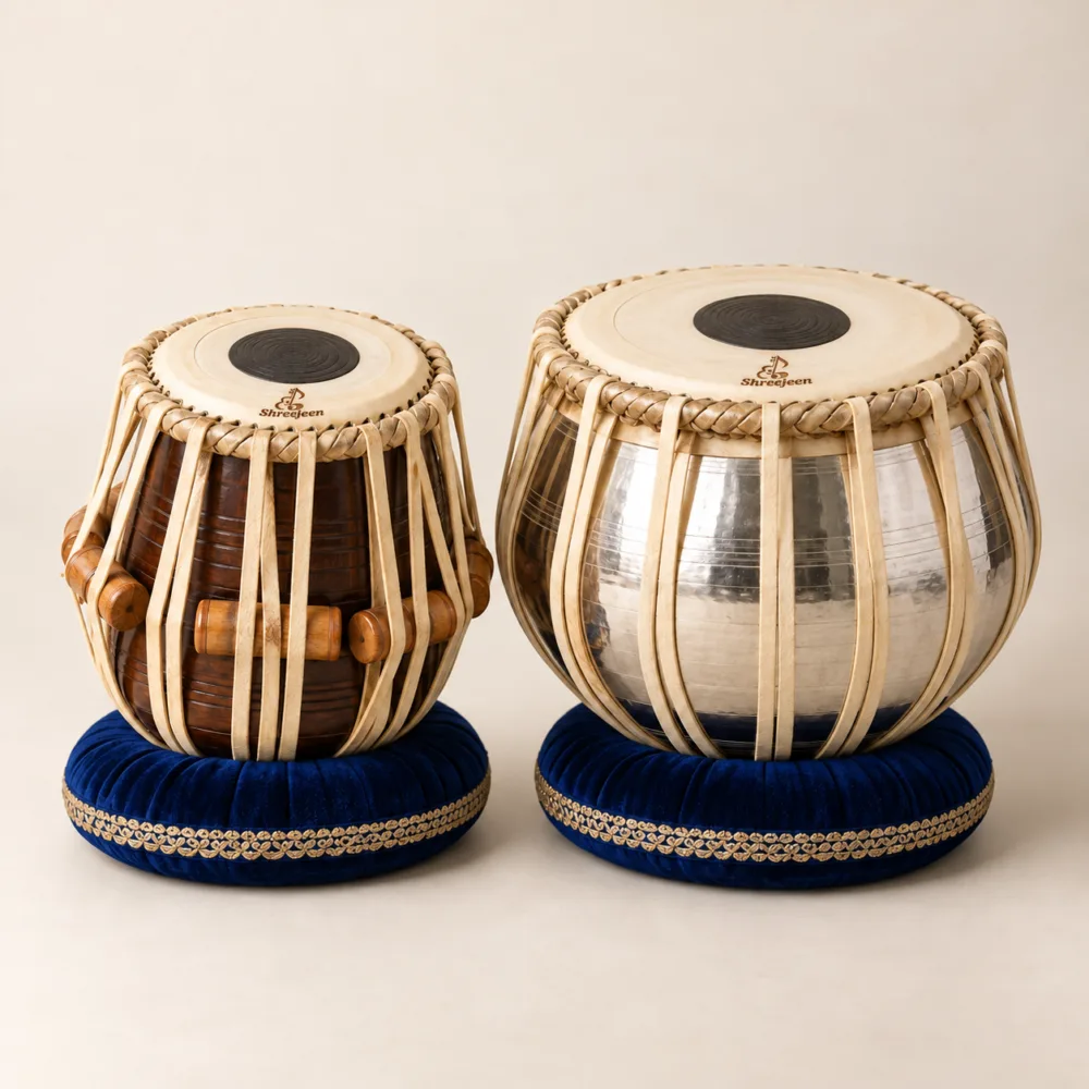 Compact Tabla Practice Set with Shreejeen branding on drumhead skin — illustrative concept